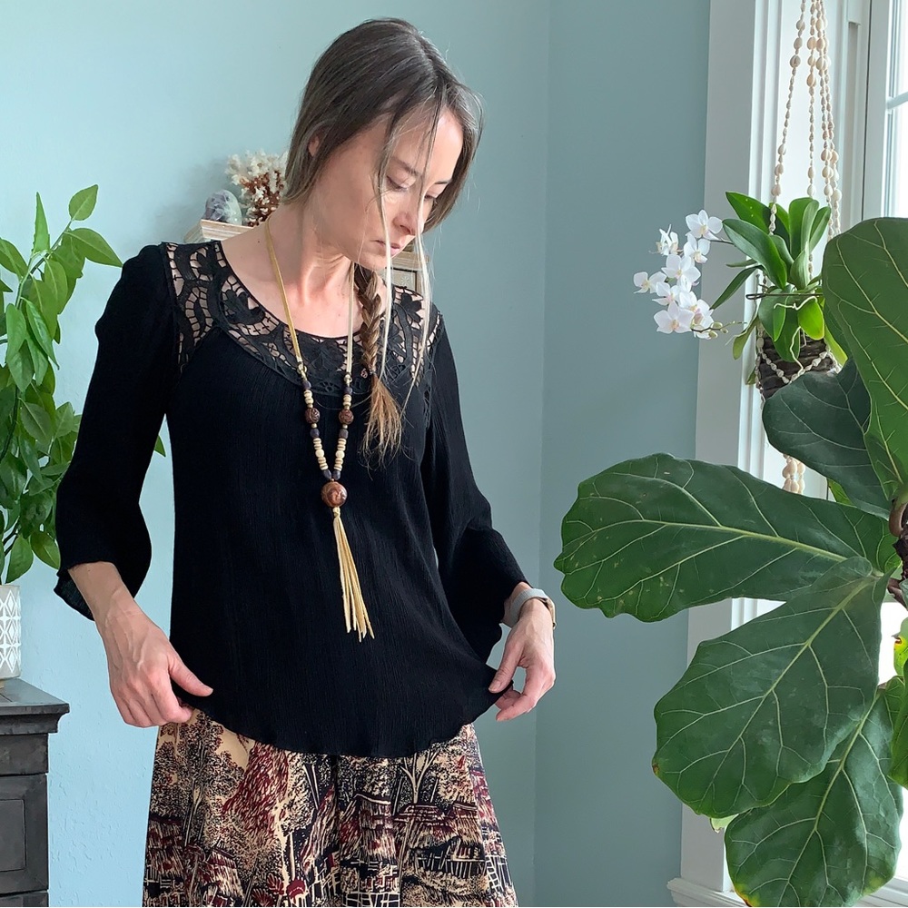 Black Crinkle and Lace Boho Blouse